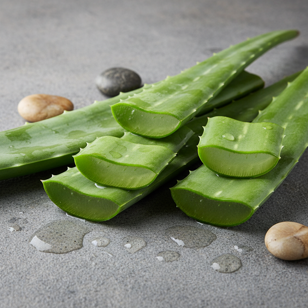 Hojas de aloe vera cortadas mostrando su gel natural sobre fondo de piedra