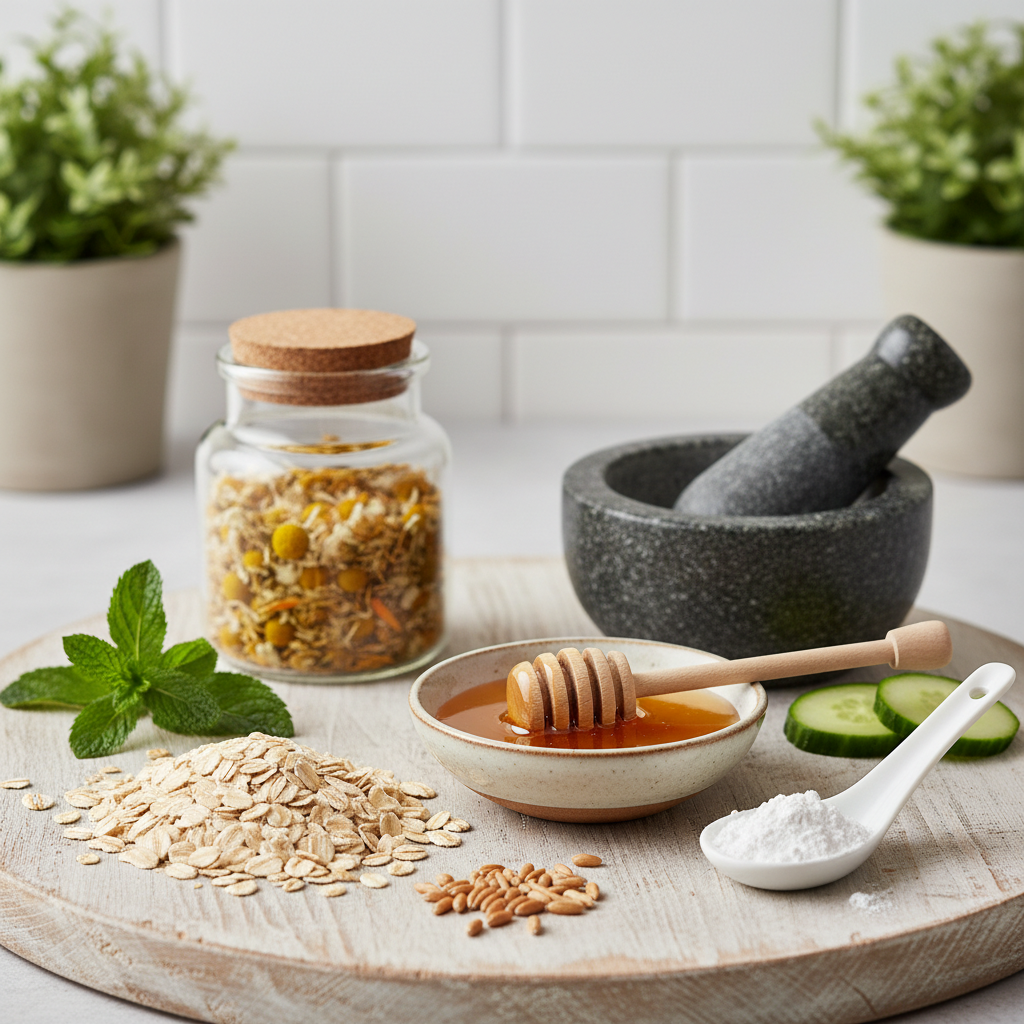 Ingredientes naturales como miel y avena dispuestos para una mascarilla facial