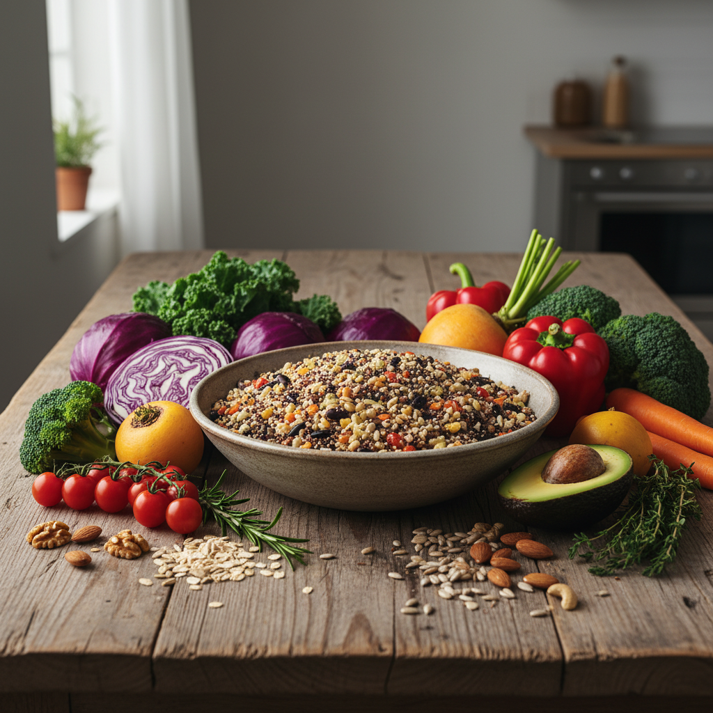 Composición artística de vegetales frescos y granos integrales sobre una mesa de madera