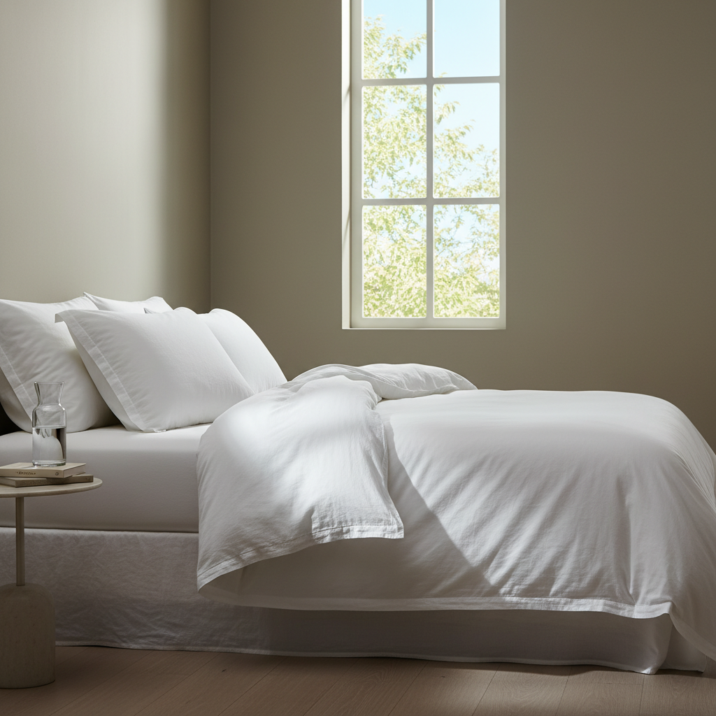 Cama con sábanas de lino blanco bañada por luz natural suave