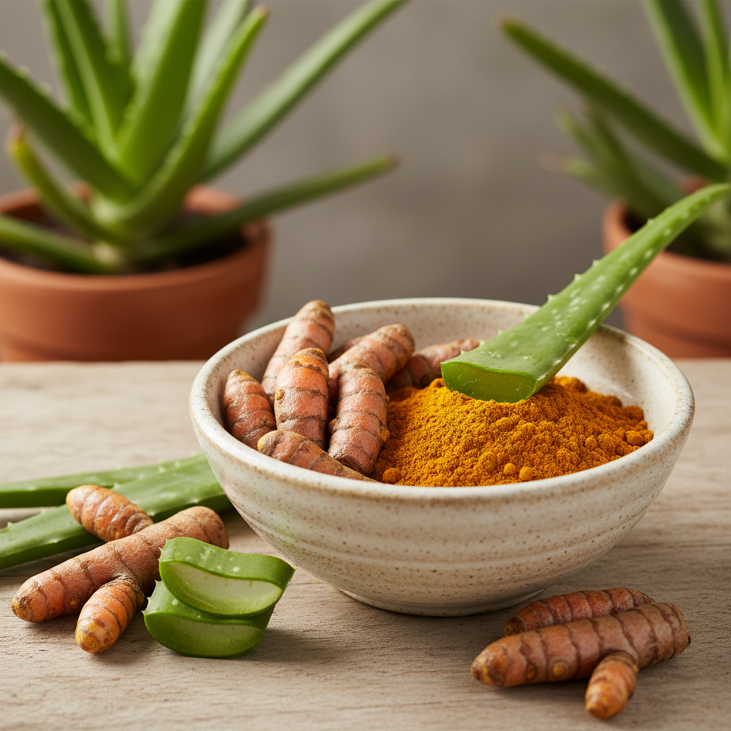 Raíz de cúrcuma entera y en polvo en un cuenco de cerámica